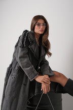 Fringe Detail Gray Denim Trench Coat