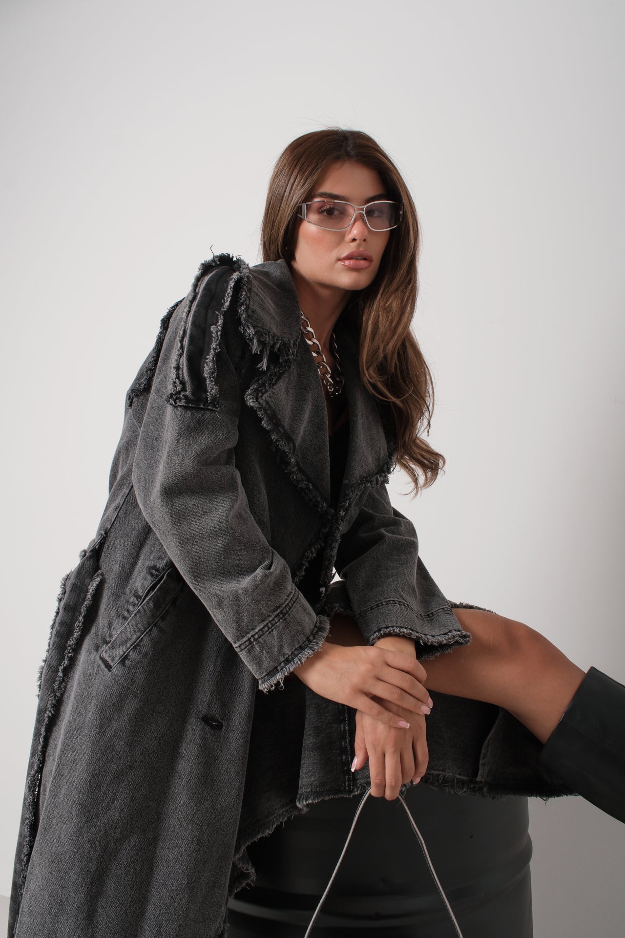 Fringe Detail Gray Denim Trench Coat