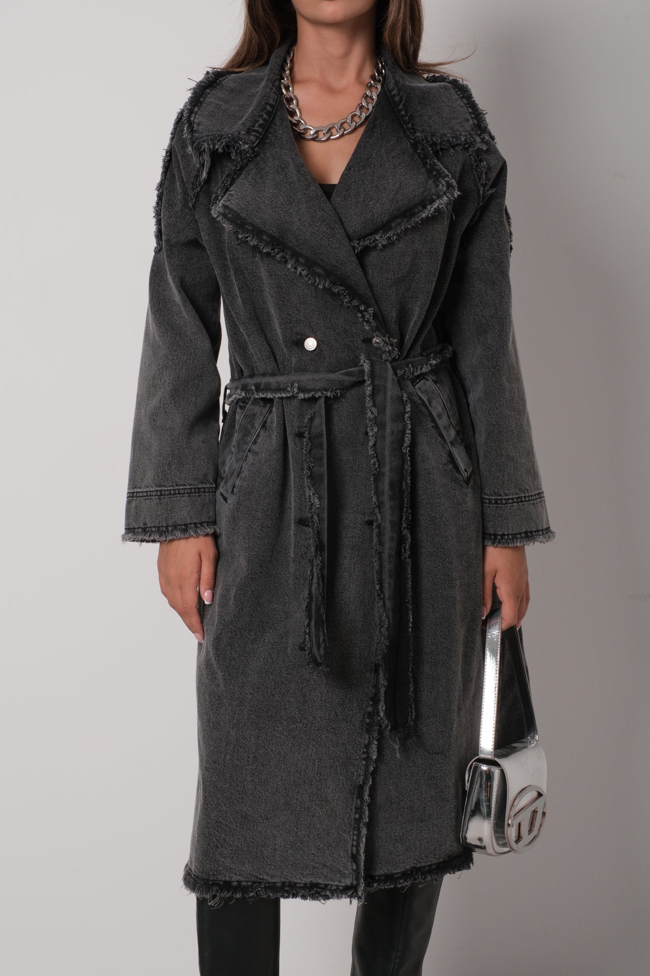 Fringe Detail Gray Denim Trench Coat