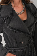 Fringe Detail Gray Denim Trench Coat