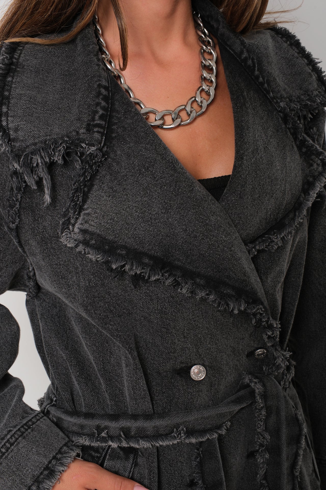 Fringe Detail Gray Denim Trench Coat