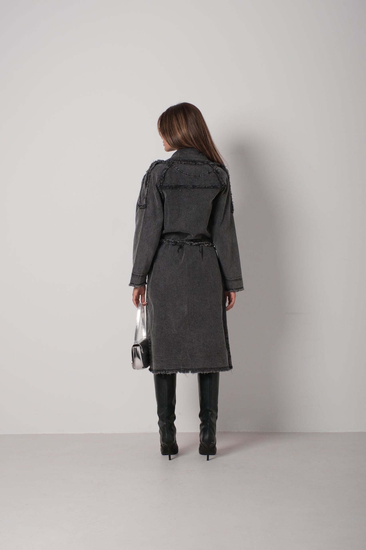 Fringe Detail Gray Denim Trench Coat
