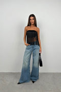 Fringe Detail Black Strapless Blouse