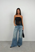 Fringe Detail Black Strapless Blouse