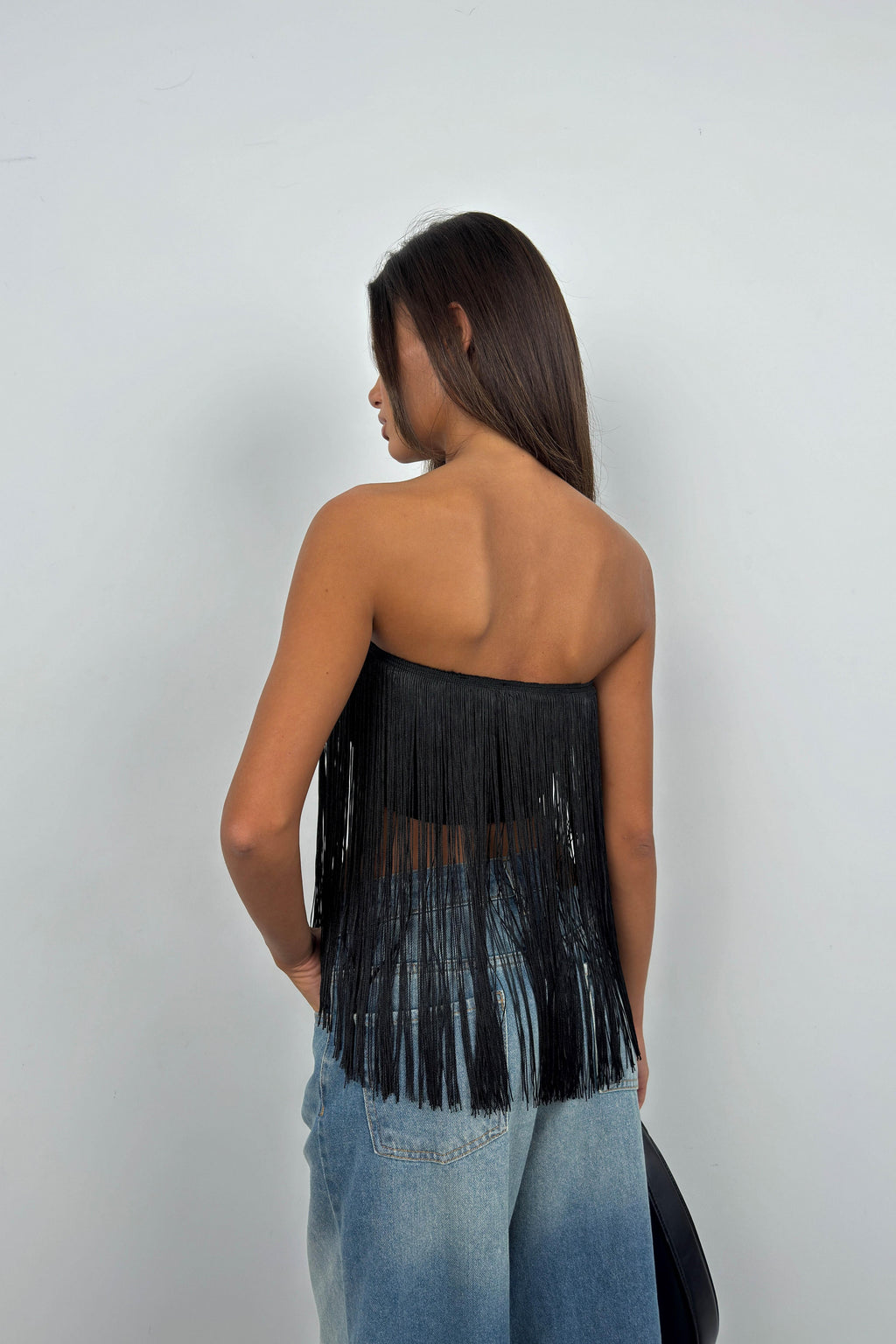 Fringe Detail Black Strapless Blouse