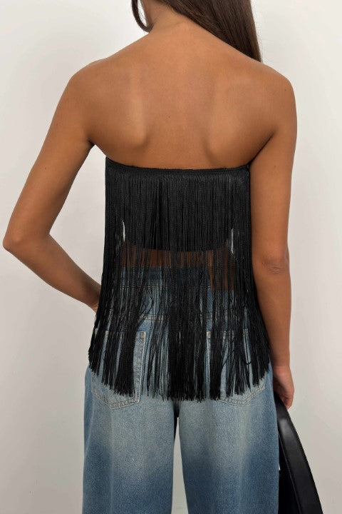 Fringe Detail Black Strapless Blouse