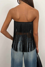 Fringe Detail Black Strapless Blouse