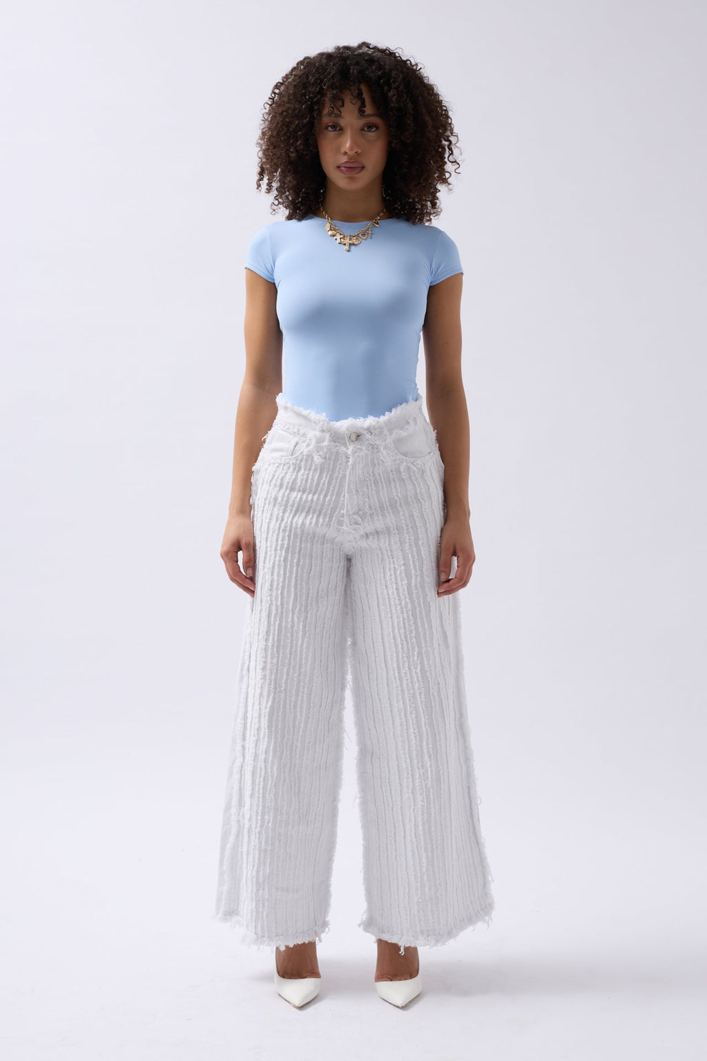 Fringe Detail Wide Leg White Jeans