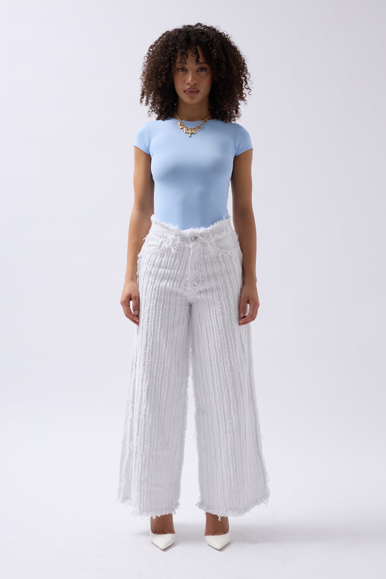 Fringe Detail Wide Leg White Jeans