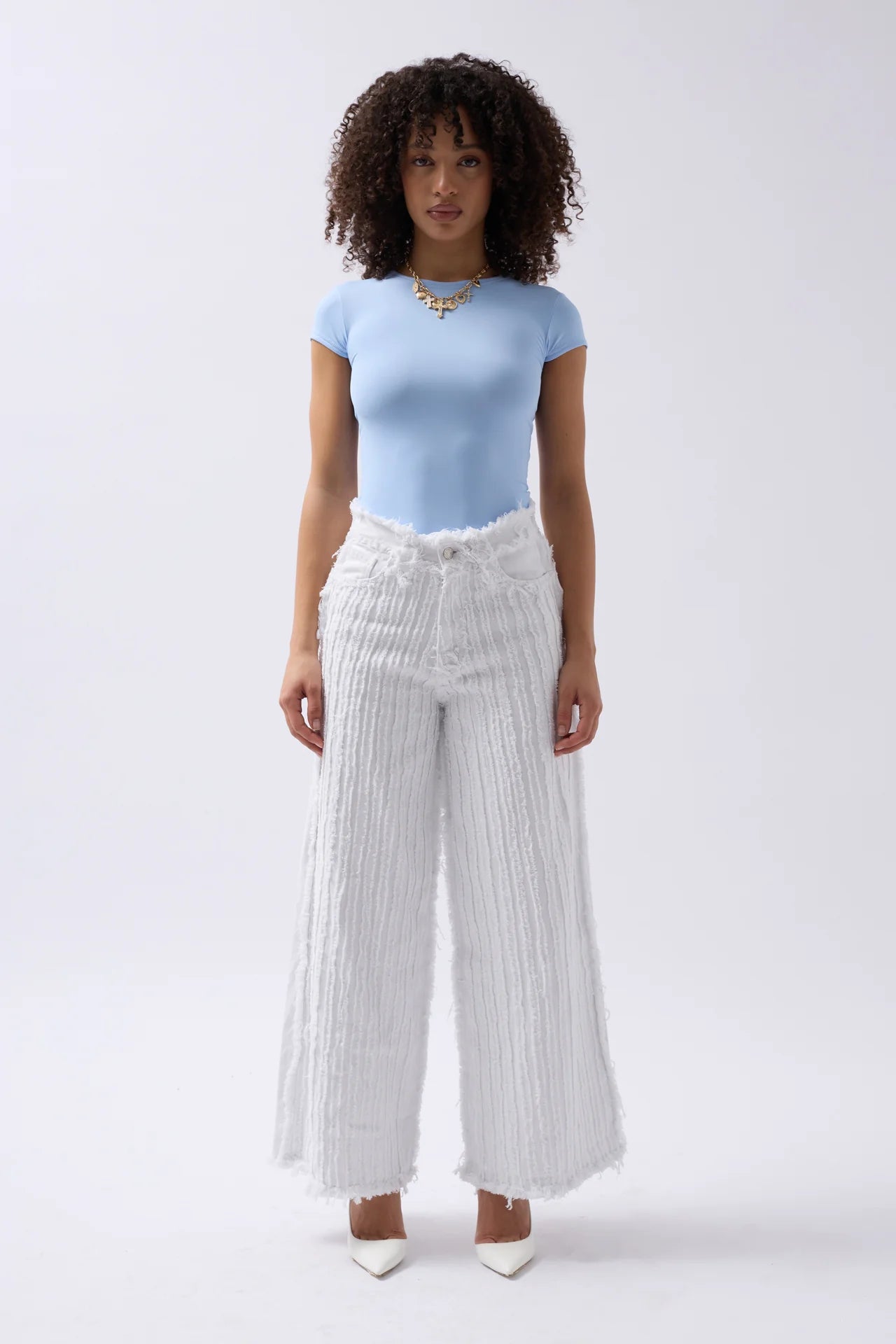 Tassel Detail Wide Leg White Jeans