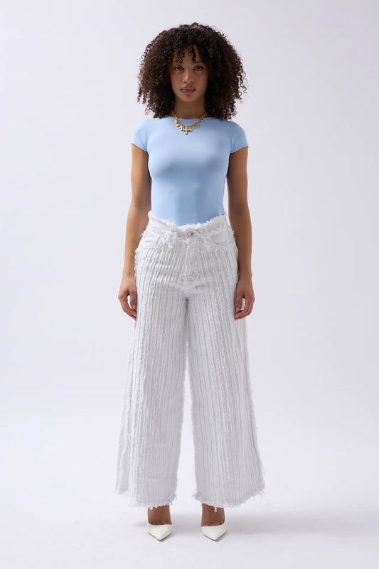 Tassel Detail Wide Leg White Jeans
