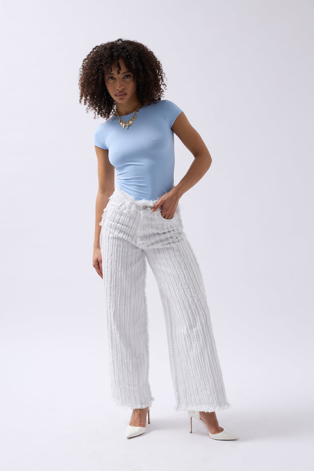 Fringe Detail Wide Leg White Jeans