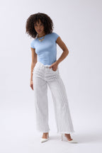 Fringe Detail Wide Leg White Jeans