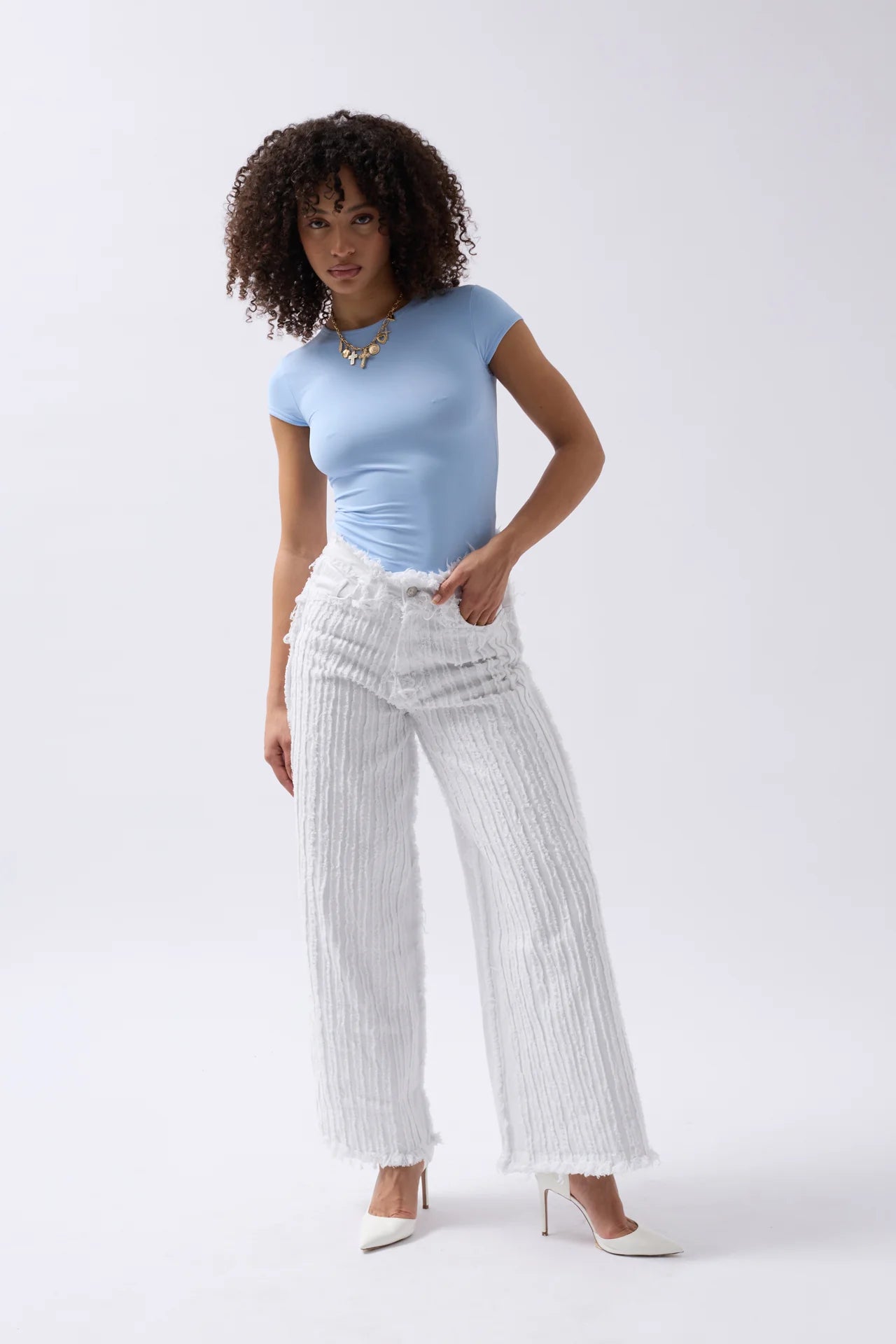 Tassel Detail Wide Leg White Jeans