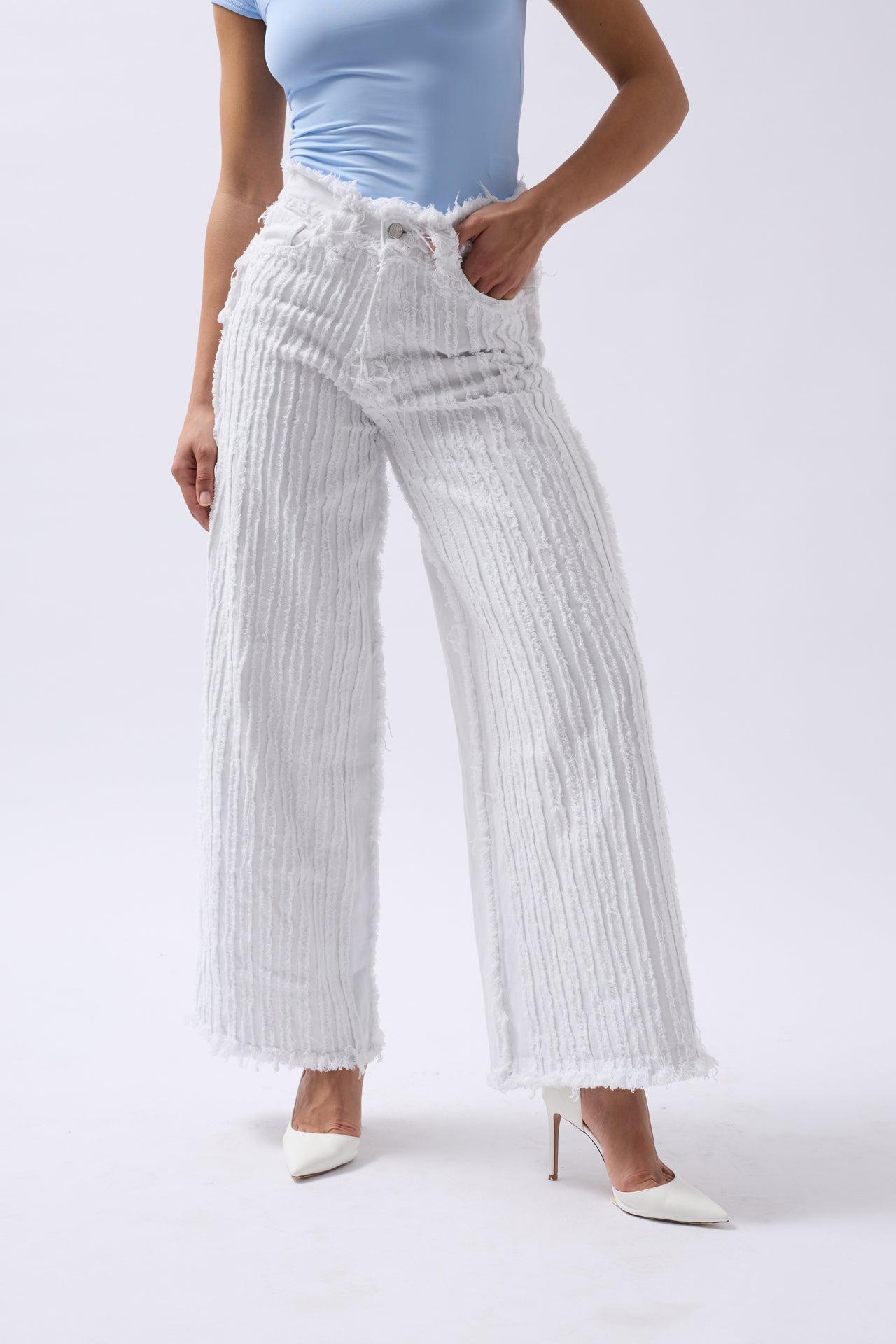 Fringe Detail Wide Leg White Jeans