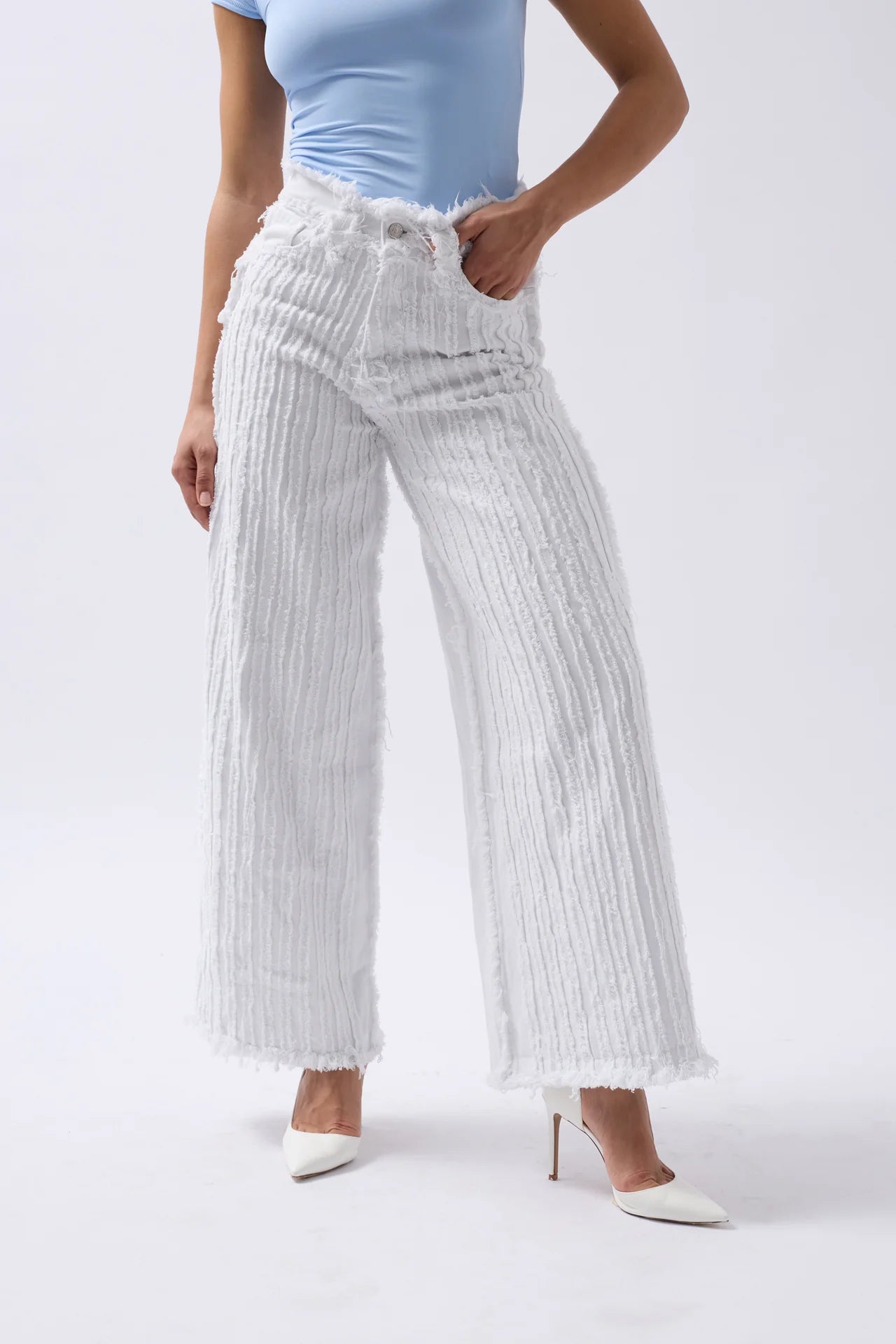 Tassel Detail Wide Leg White Jeans