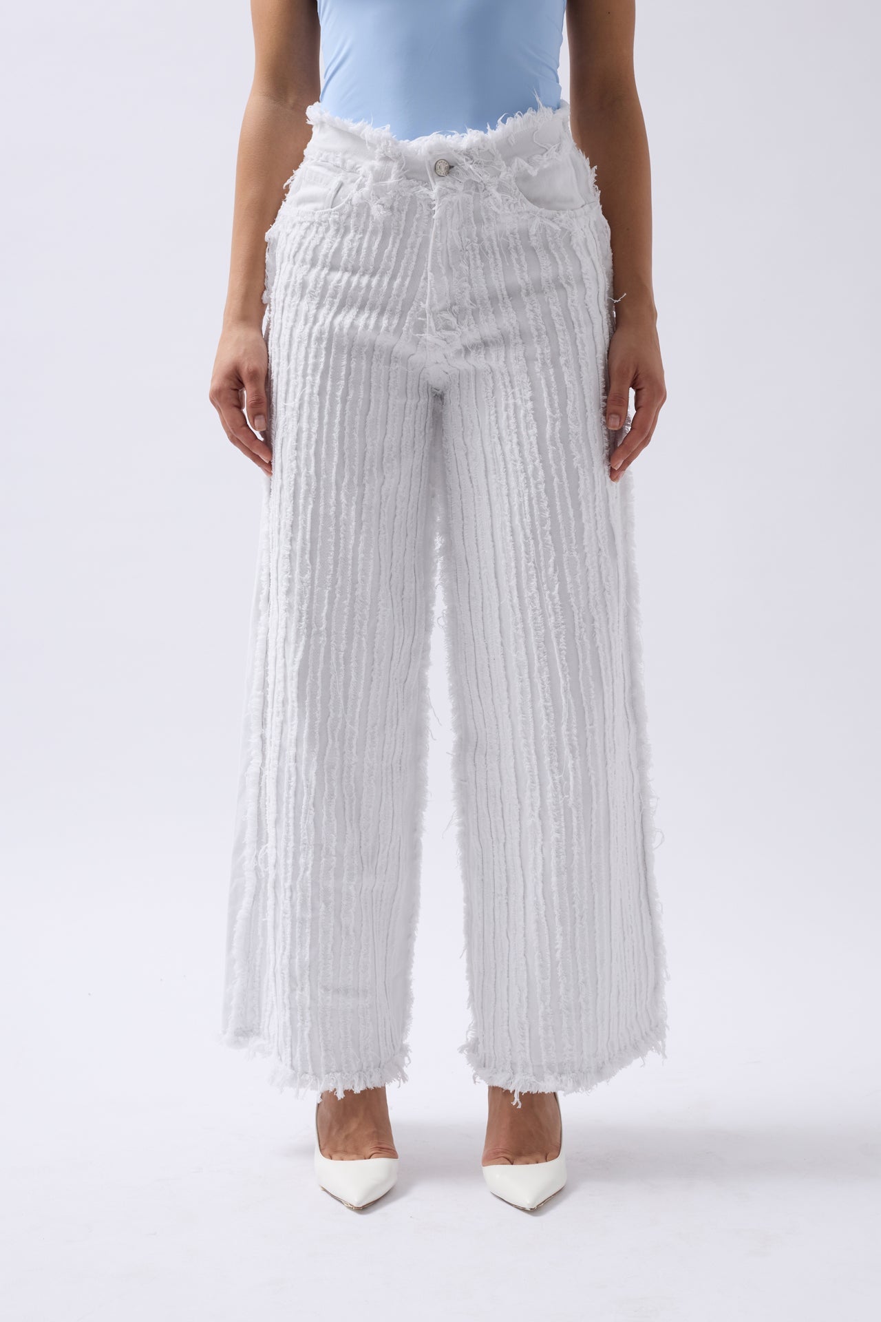 Fringe Detail Wide Leg White Jeans