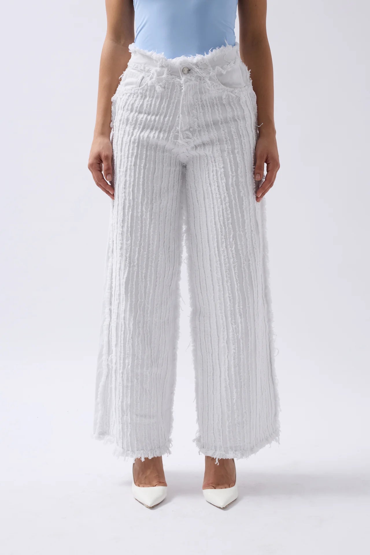 Tassel Detail Wide Leg White Jeans