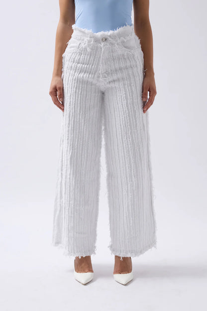 Tassel Detail Wide Leg White Jeans