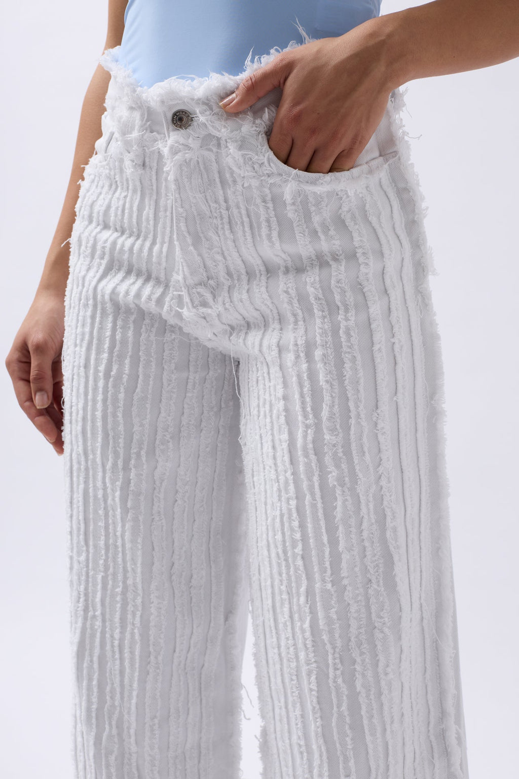 Fringe Detail Wide Leg White Jeans