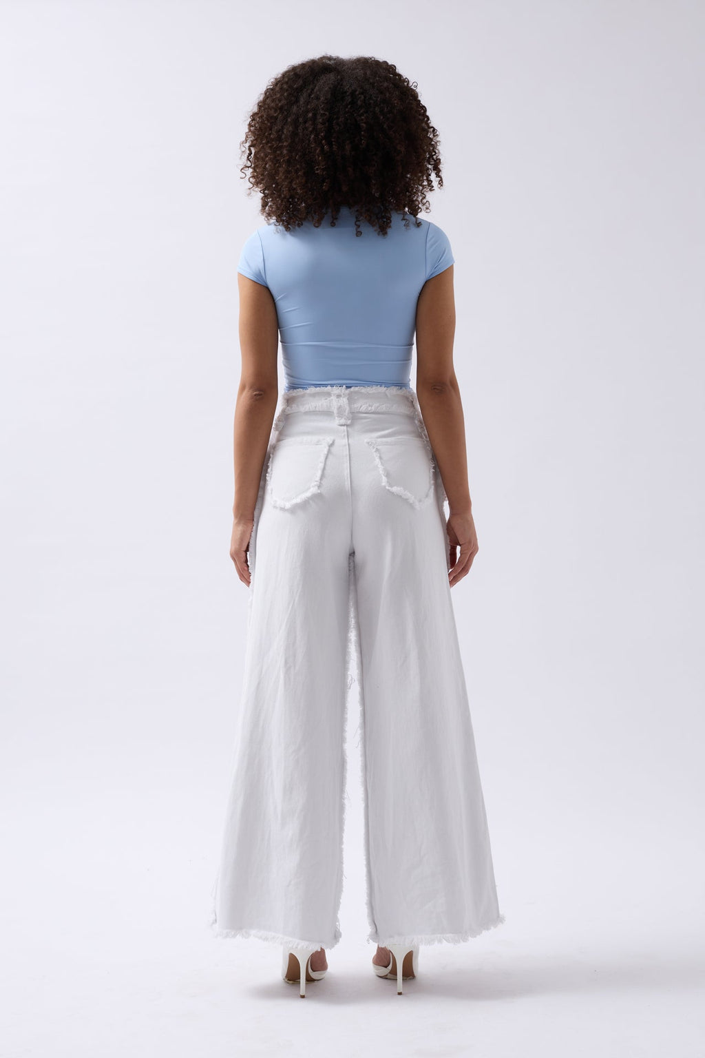 Fringe Detail Wide Leg White Jeans