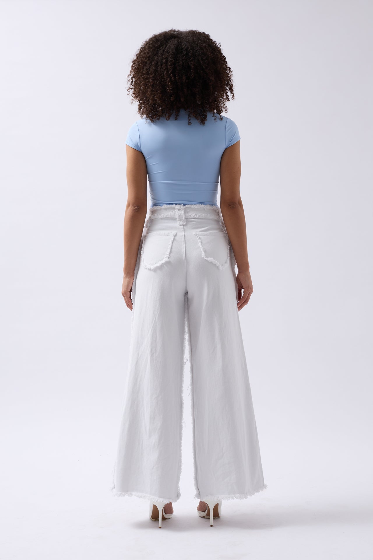 Fringe Detail Wide Leg White Jeans