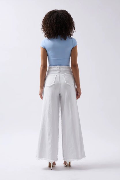 Tassel Detail Wide Leg White Jeans
