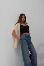 Stitch Detail Wide Leg Blue Jeans