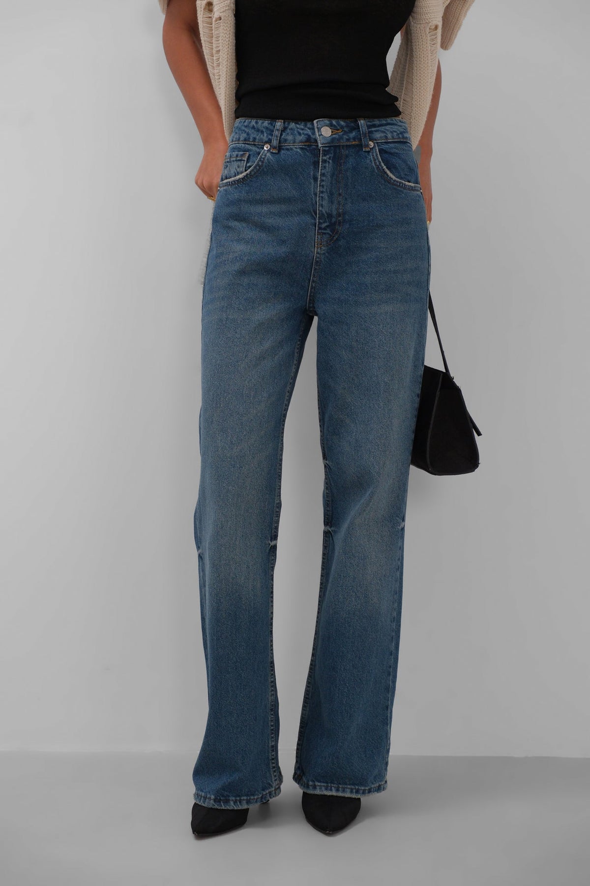 Stitch Detail Wide Leg Blue Jeans