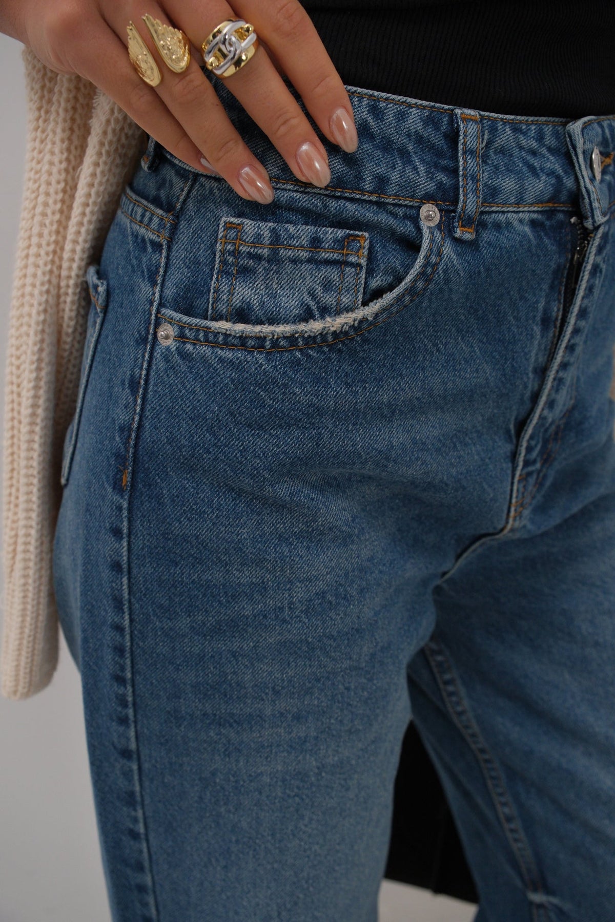Stitch Detail Wide Leg Blue Jeans