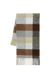 Brown Checked Bouclé Shawl with Tassels