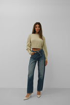 Raglan Sleeve Crop Beige Knit Sweater