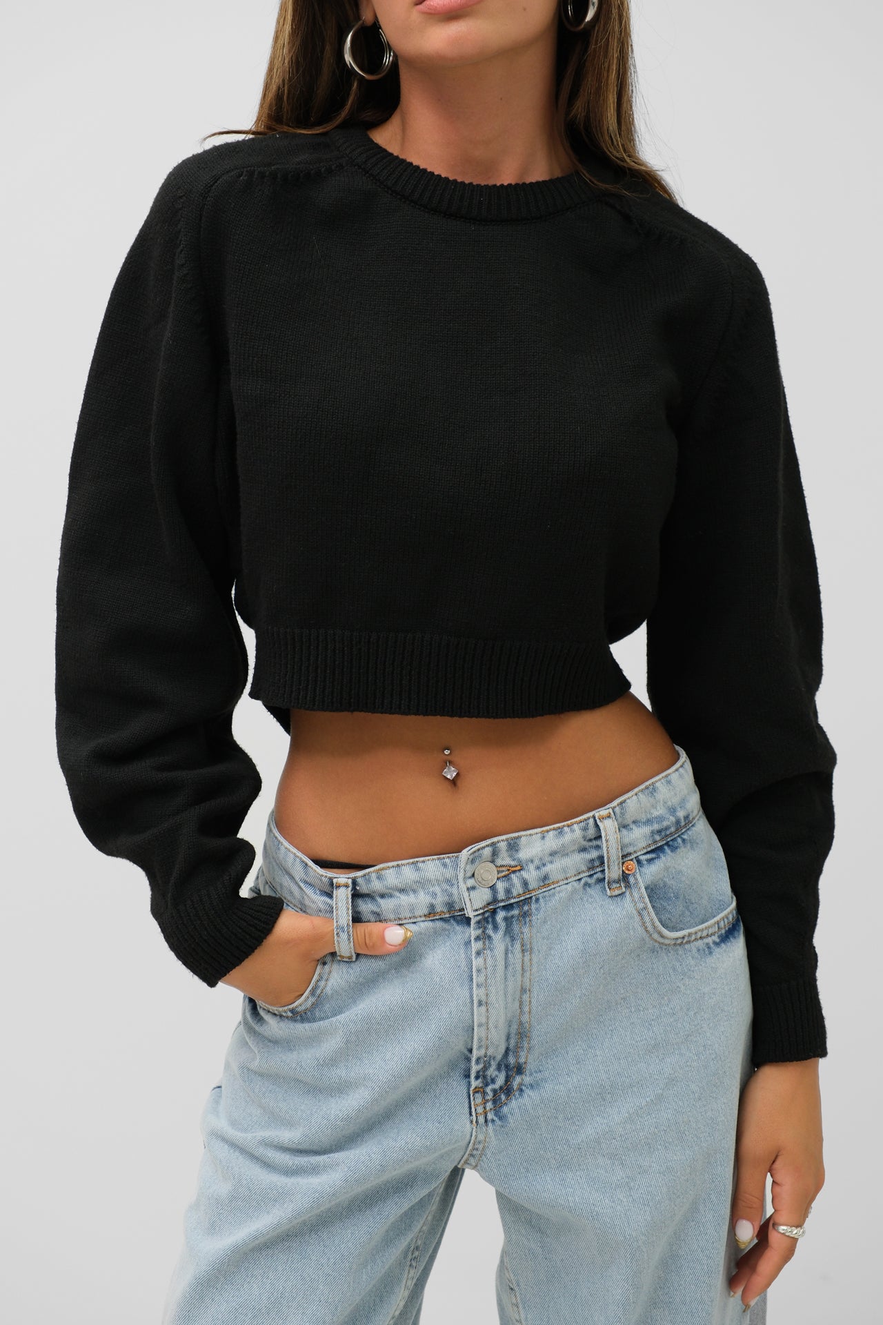 Raglan Sleeve Crop Black Knit Sweater