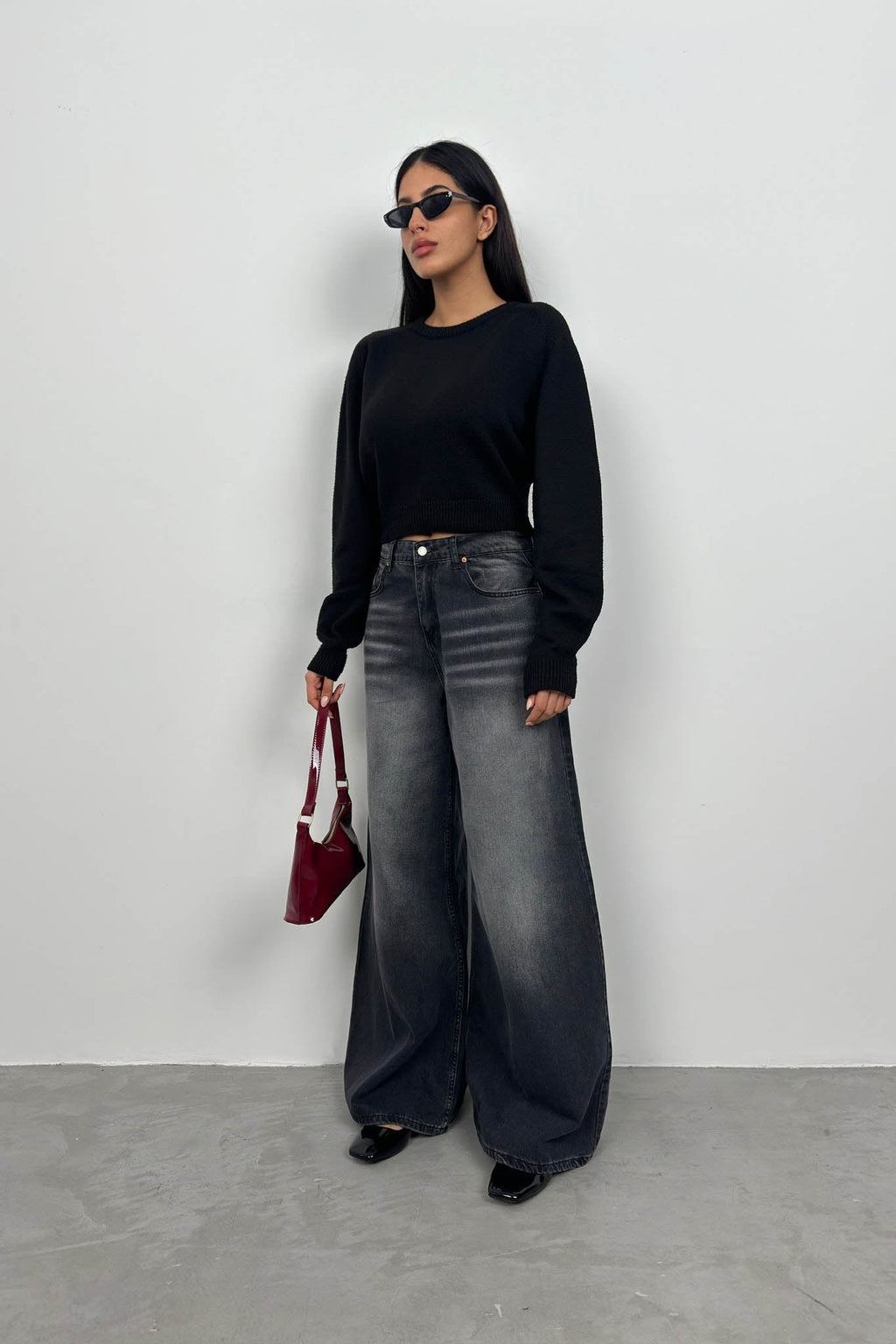 Raglan Sleeve Black Crop Knit Sweater
