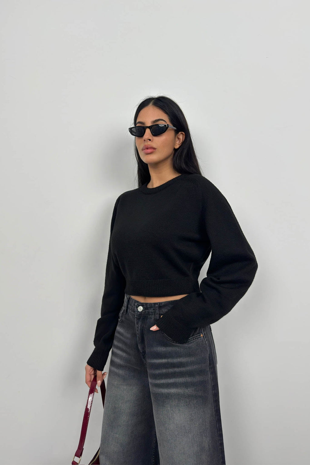 Raglan Sleeve Black Crop Knit Sweater