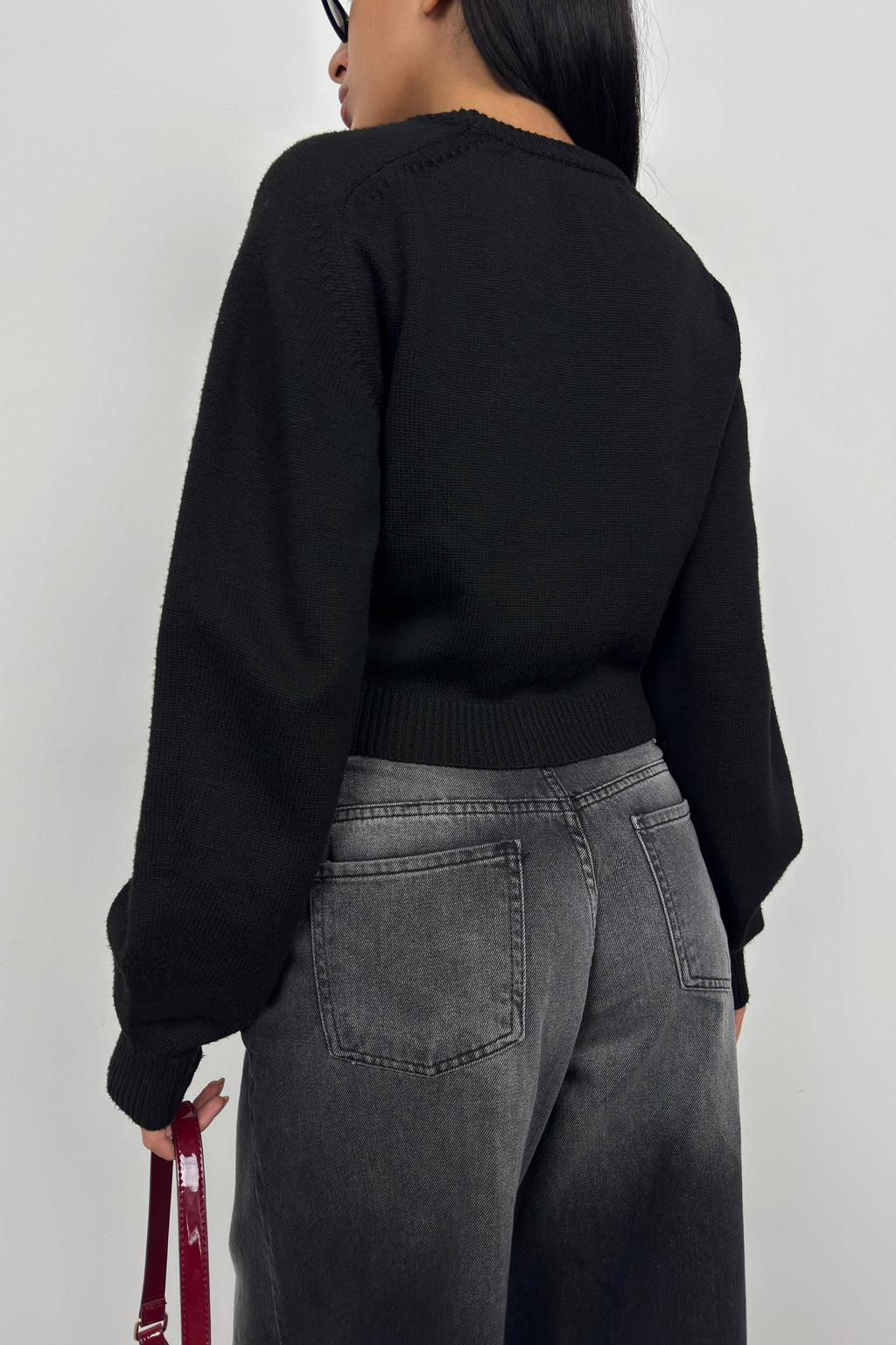 Raglan Sleeve Black Crop Knit Sweater