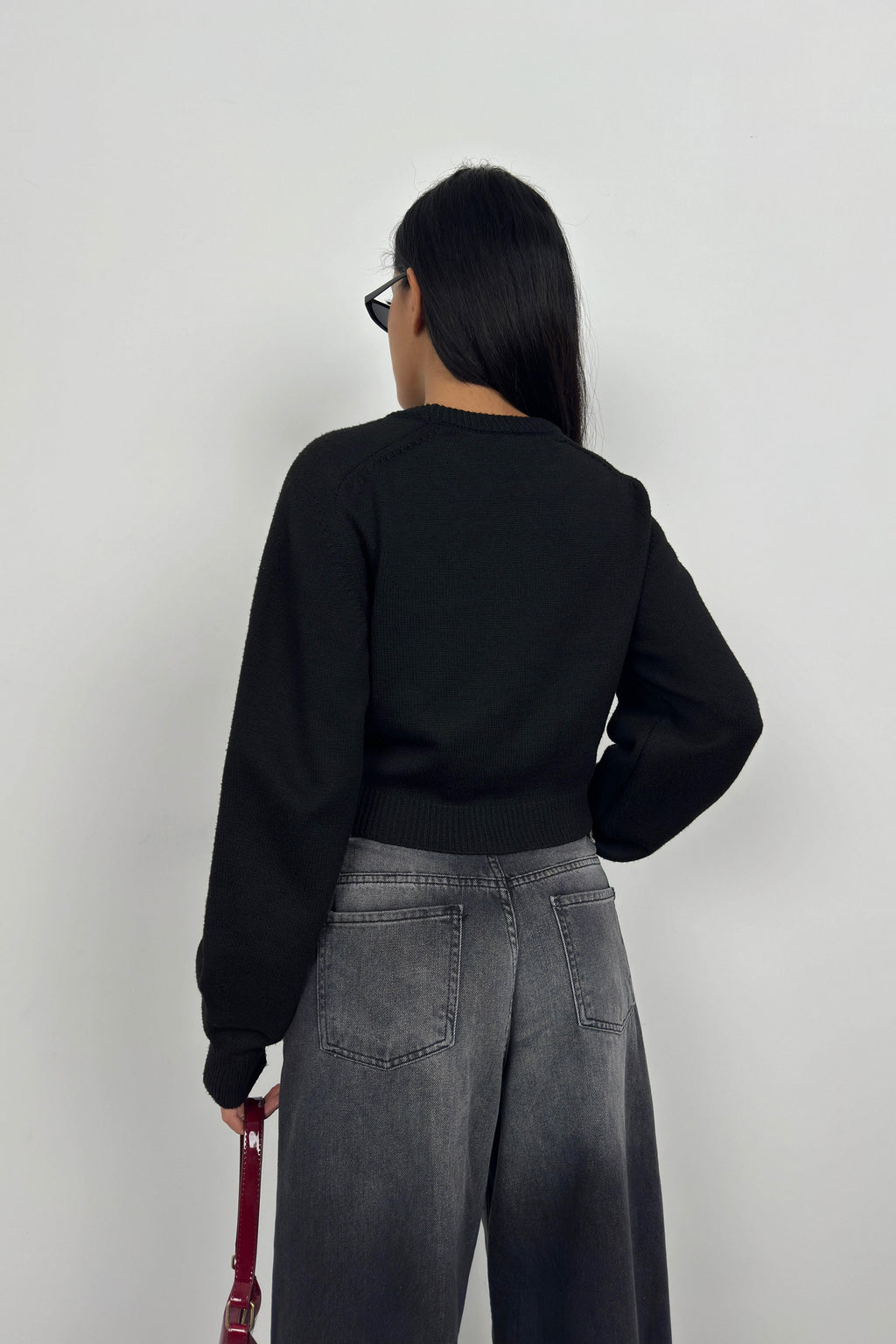 Raglan Sleeve Black Crop Knit Sweater
