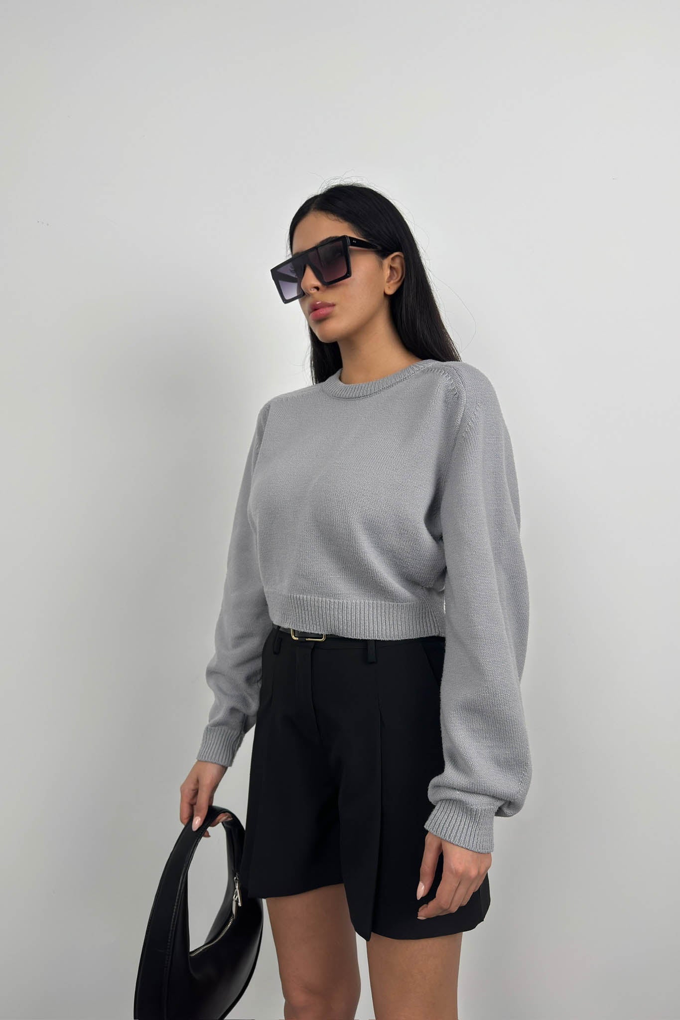 Raglan Sleeve Gray Crop Knit Sweater