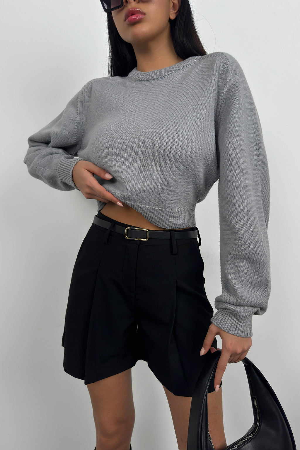 Raglan Sleeve Gray Crop Knit Sweater