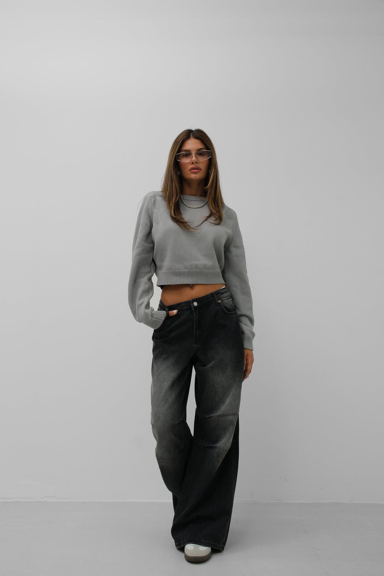 Raglan Sleeve Gray Crop Triko Sweater