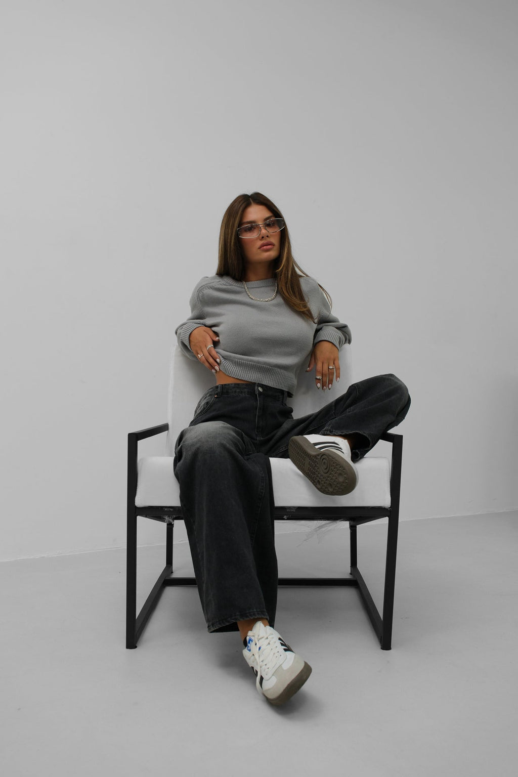 Raglan Sleeve Gray Crop Triko Sweater