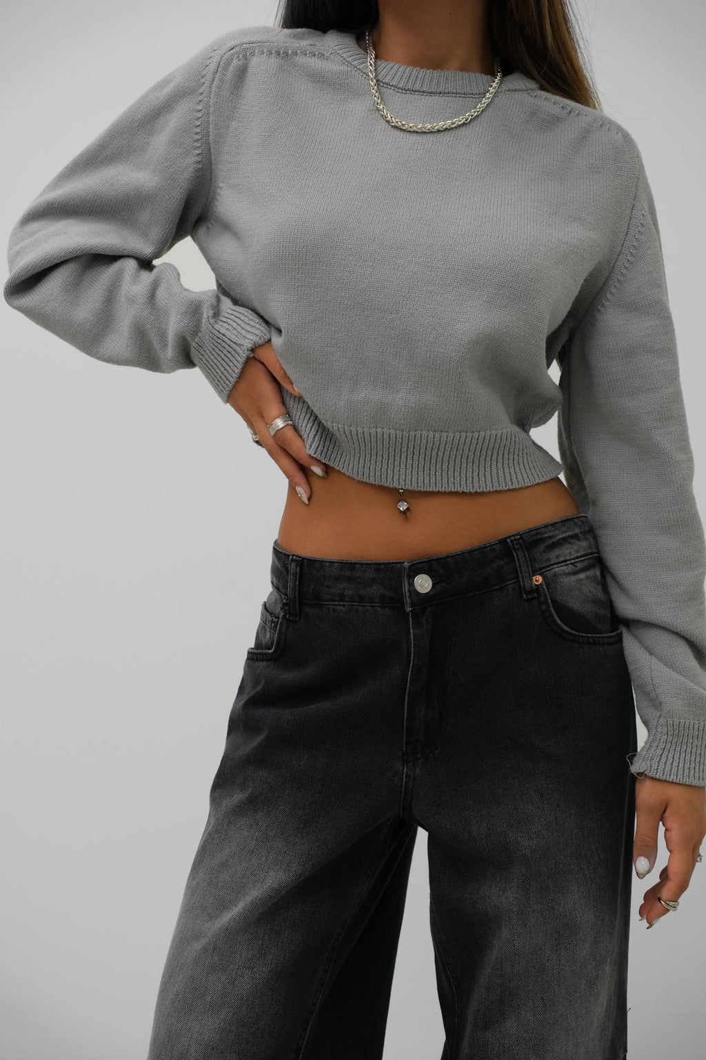 Raglan Sleeve Gray Crop Triko Sweater