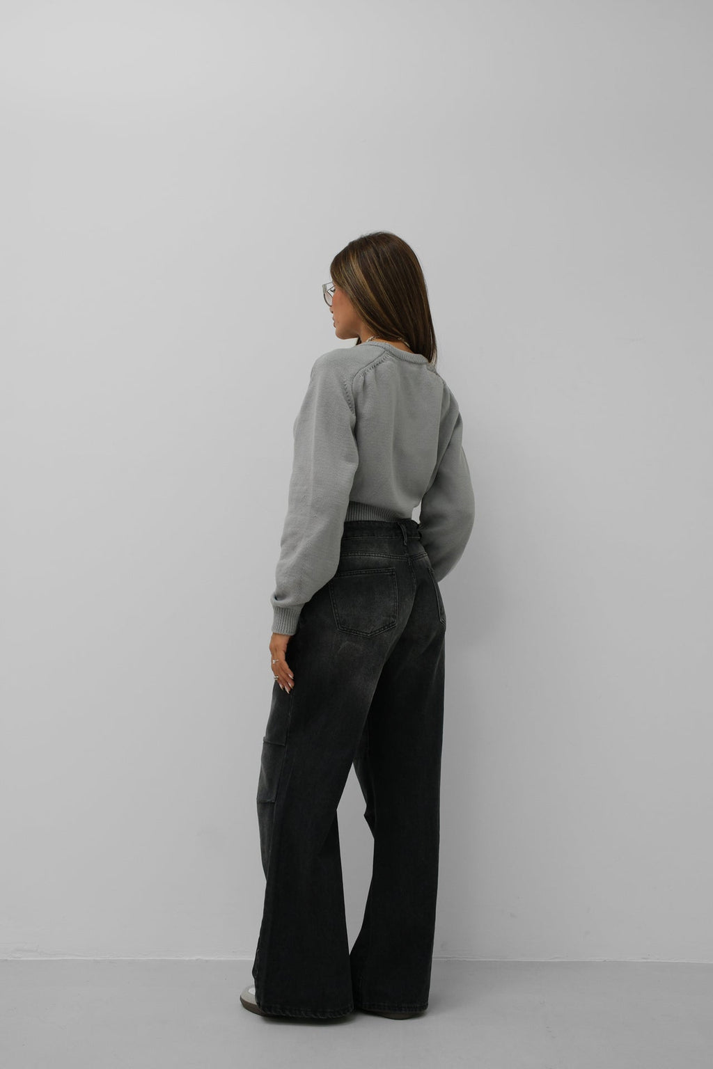 Raglan Sleeve Gray Crop Triko Sweater