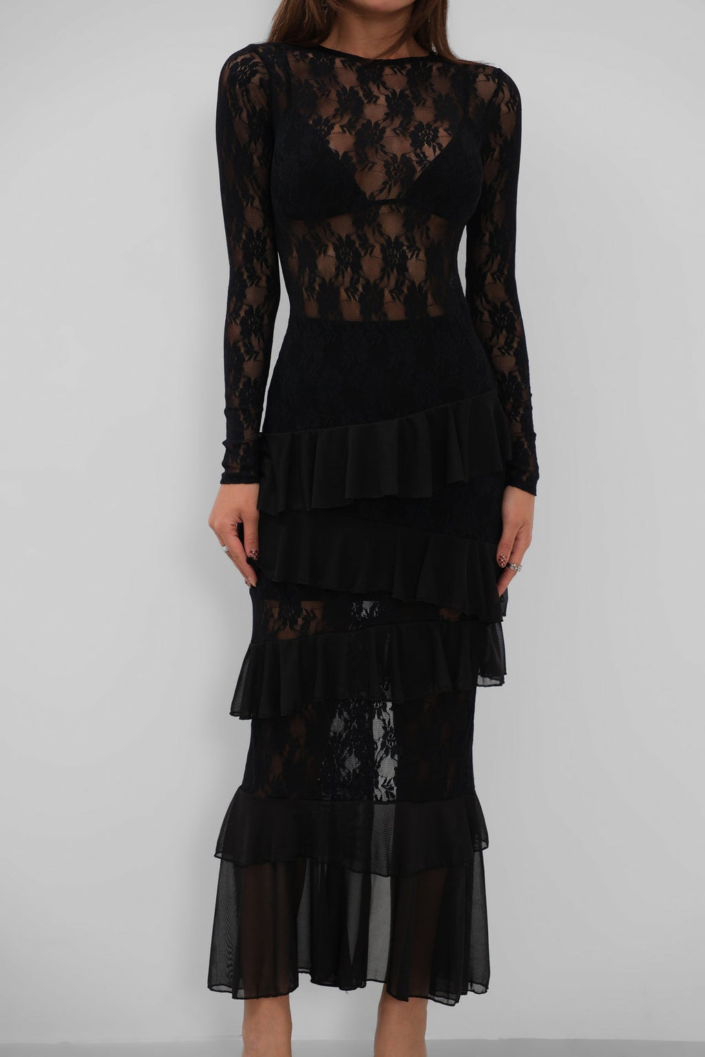 Fringe Detail Maxi Lace Black Dress