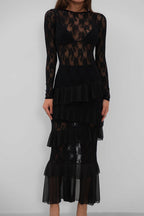 Fringe Detail Maxi Lace Black Dress