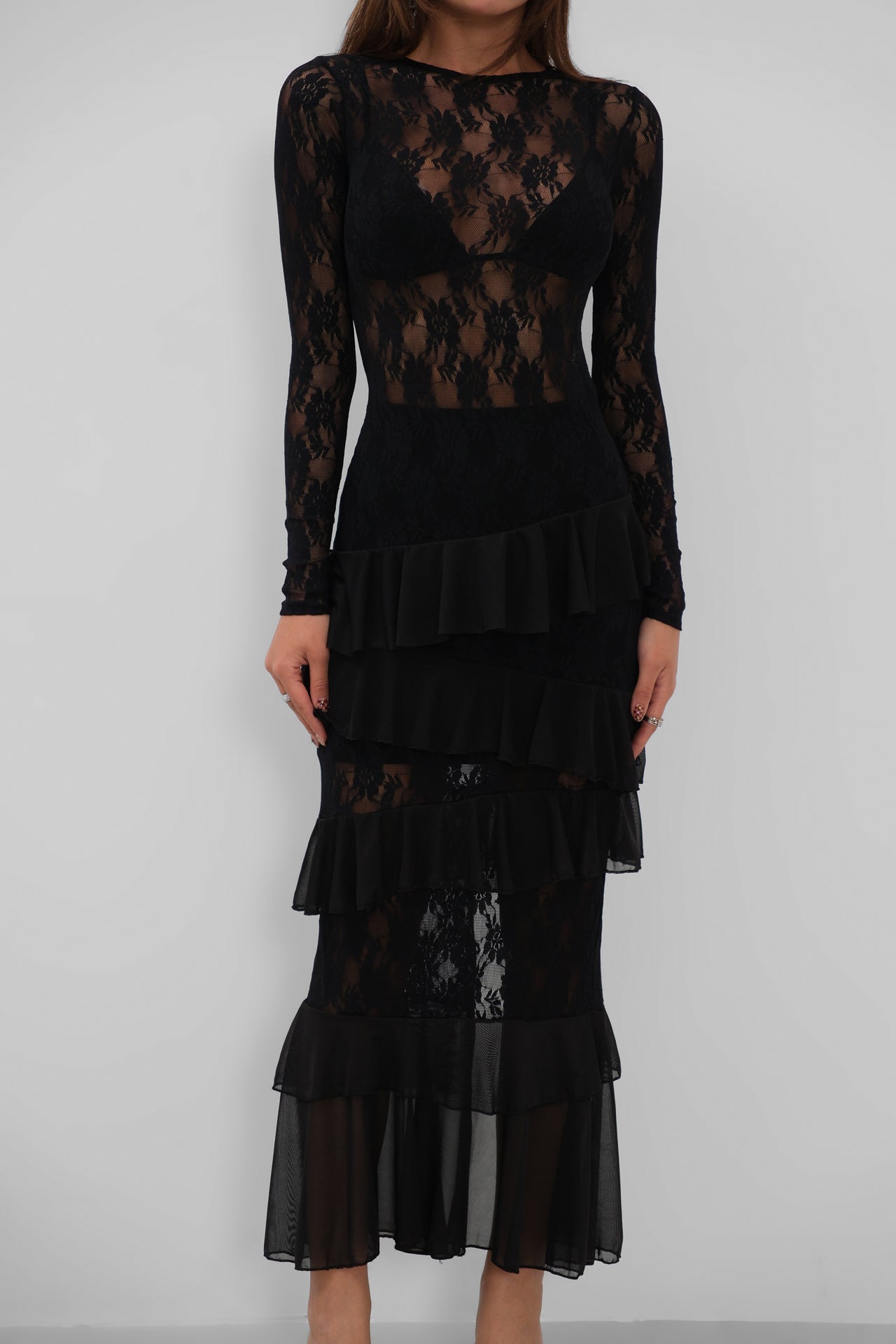 Fringe Detail Maxi Lace Black Dress