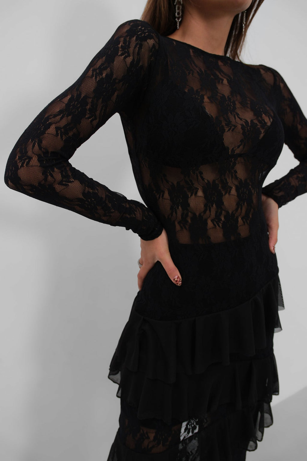 Fringe Detail Maxi Lace Black Dress