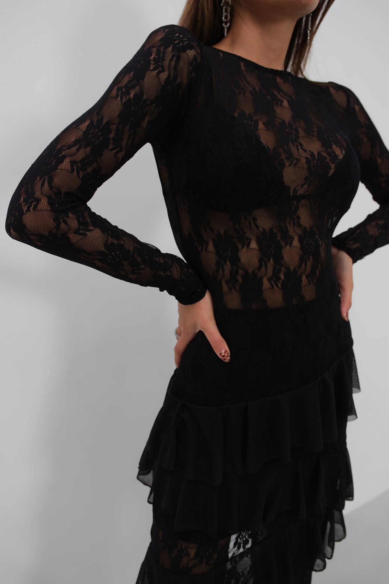 Fringe Detail Maxi Lace Black Dress