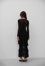 Fringe Detail Maxi Lace Black Dress