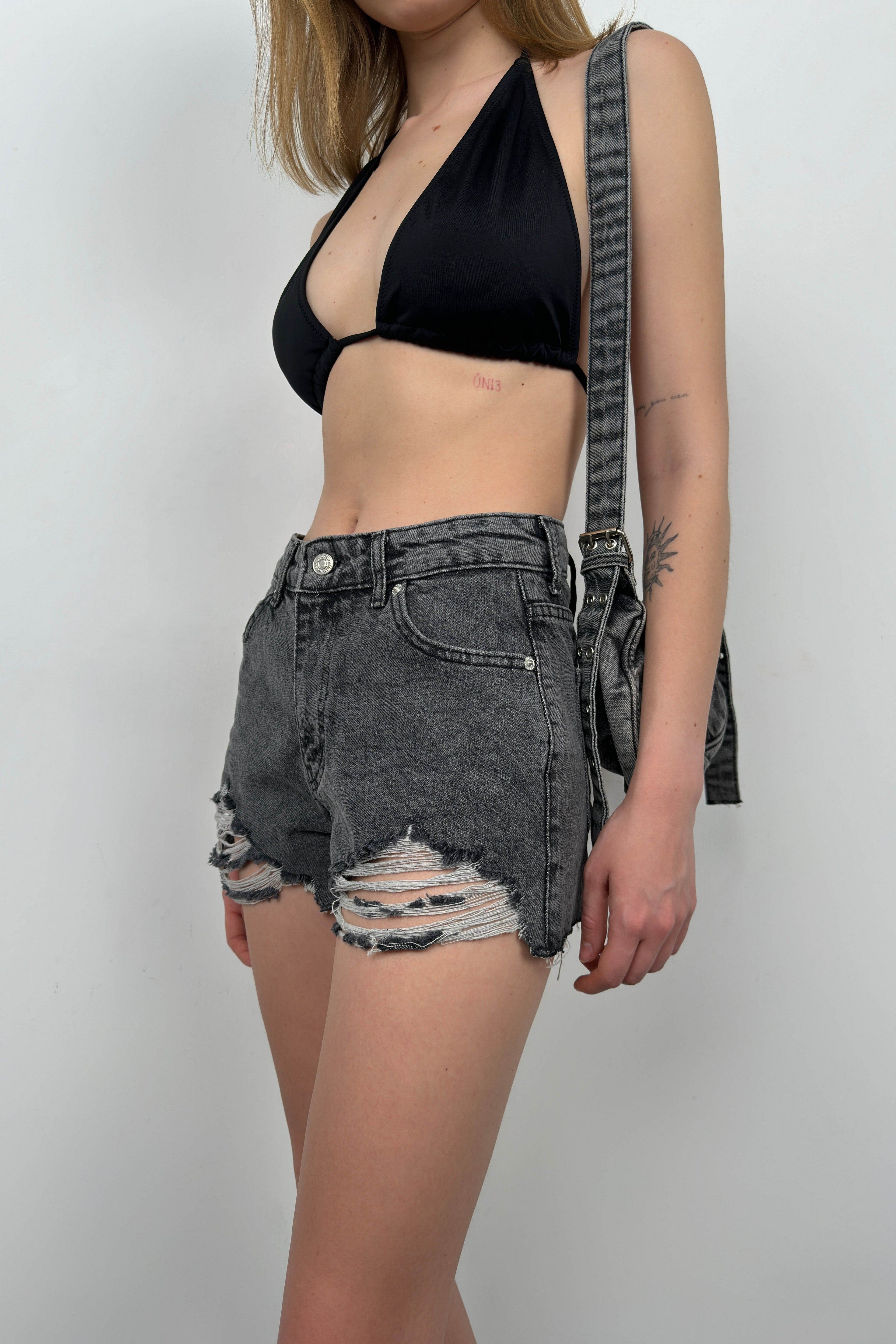 Fringed Black Denim Shorts